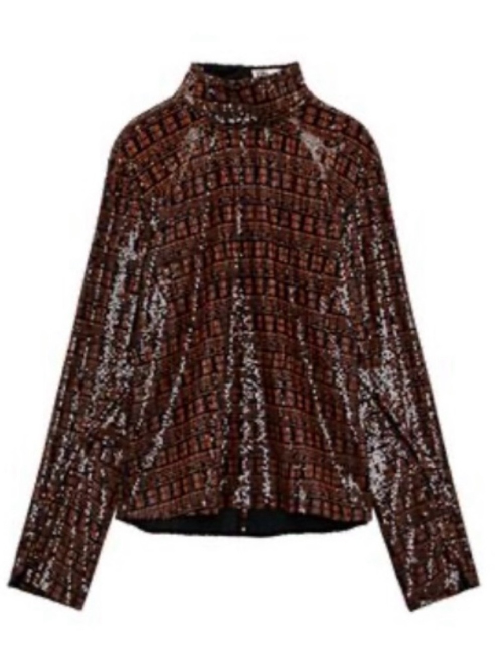 Zara brown Plaid Sequin Long adjustable Sleeve Top glam party classic large